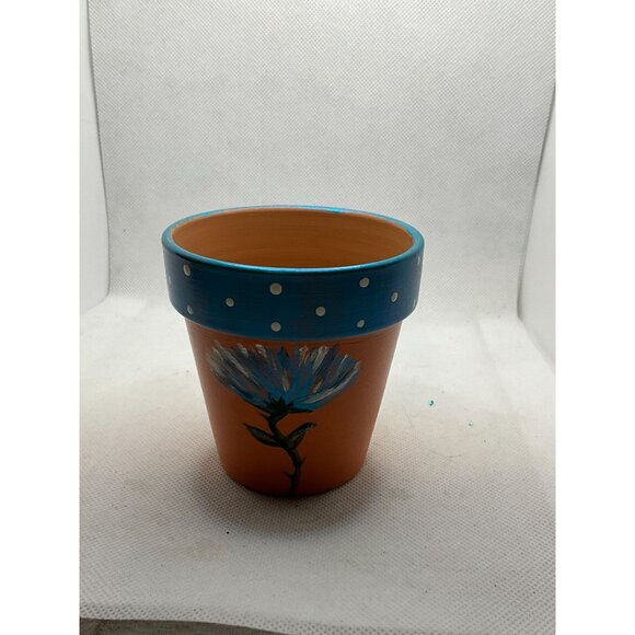 Hand-Painted Clay Flower Pot With Blue Polka Dot Rim & Floral Design - Picture 1 of 6
